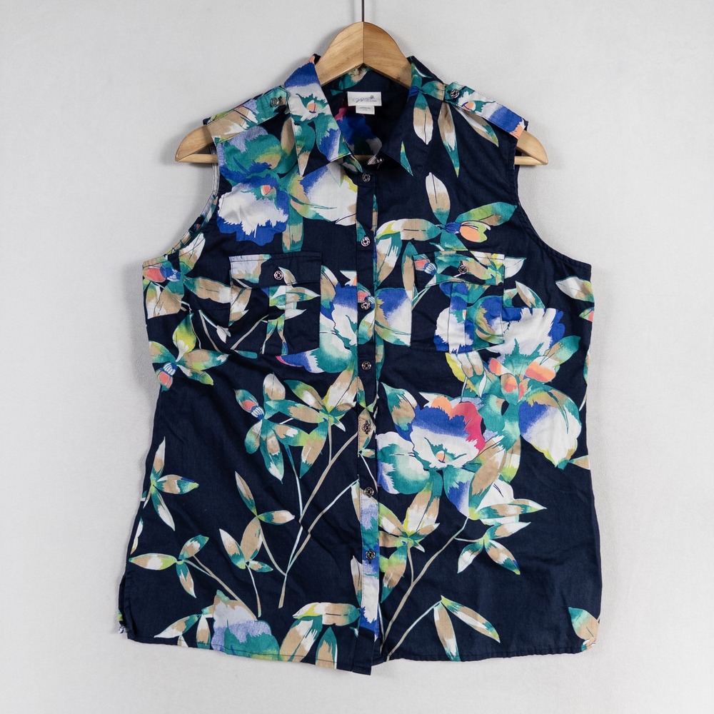 Jaclyn Smith Collection Shirt Blouse Sz Large Multicolor Floral Button Up Casual